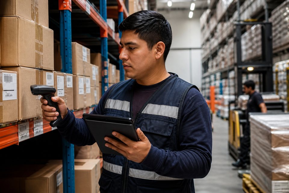 Operario latino de almacén usando escáner y tableta para stock y kardex