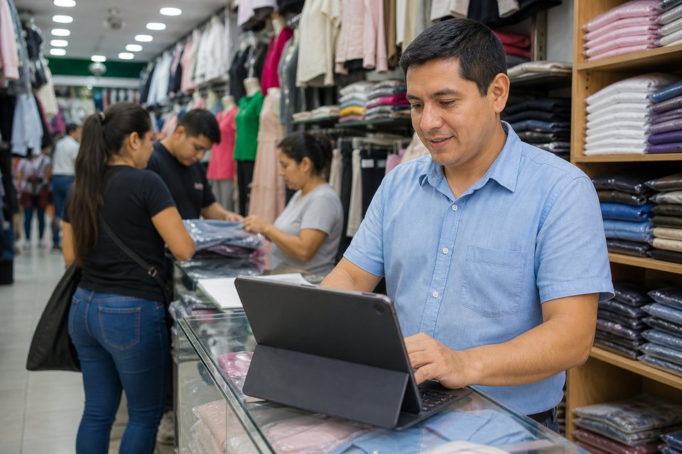 Comerciante latino en tienda textil usando ERP-GEST para punto de venta y stock